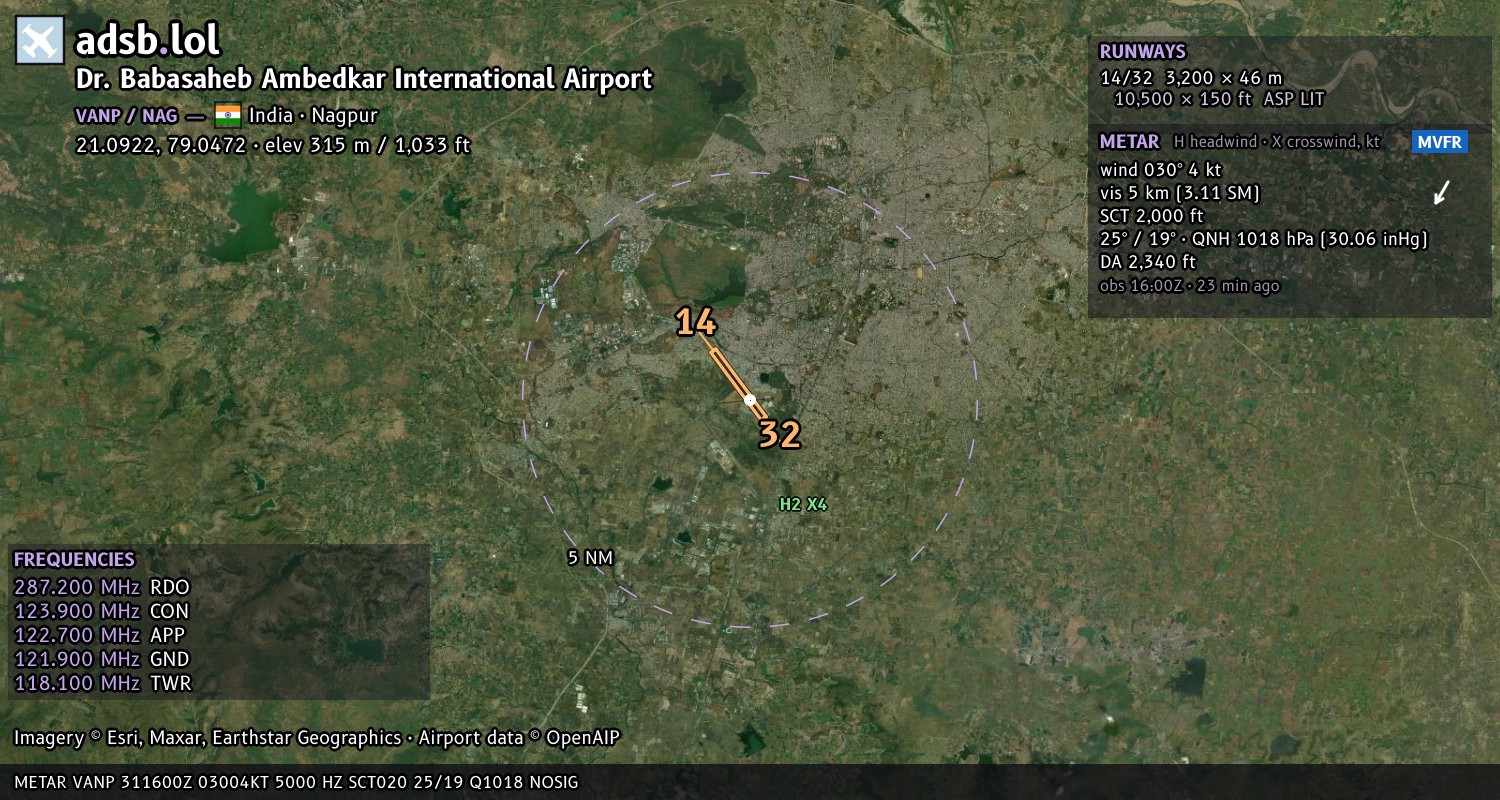 Satellite map with the runway layout of Dr. Babasaheb Ambedkar International Airport (VANP)