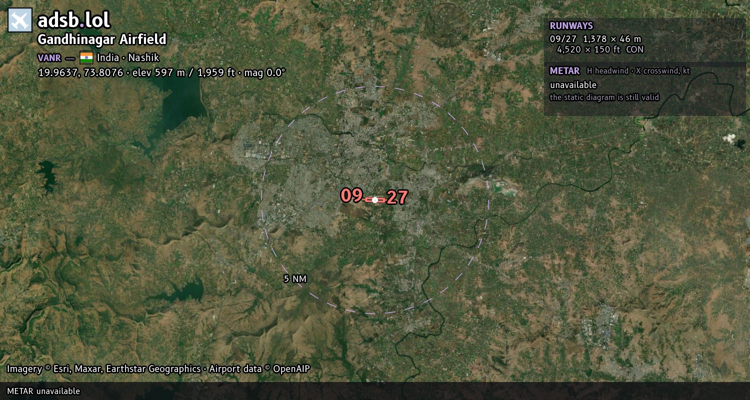 Satellite map with the runway layout of Gandhinagar Airfield (VANR)