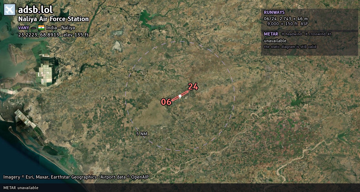 Satellite map with the runway layout of Naliya Air Force Station (VANY)