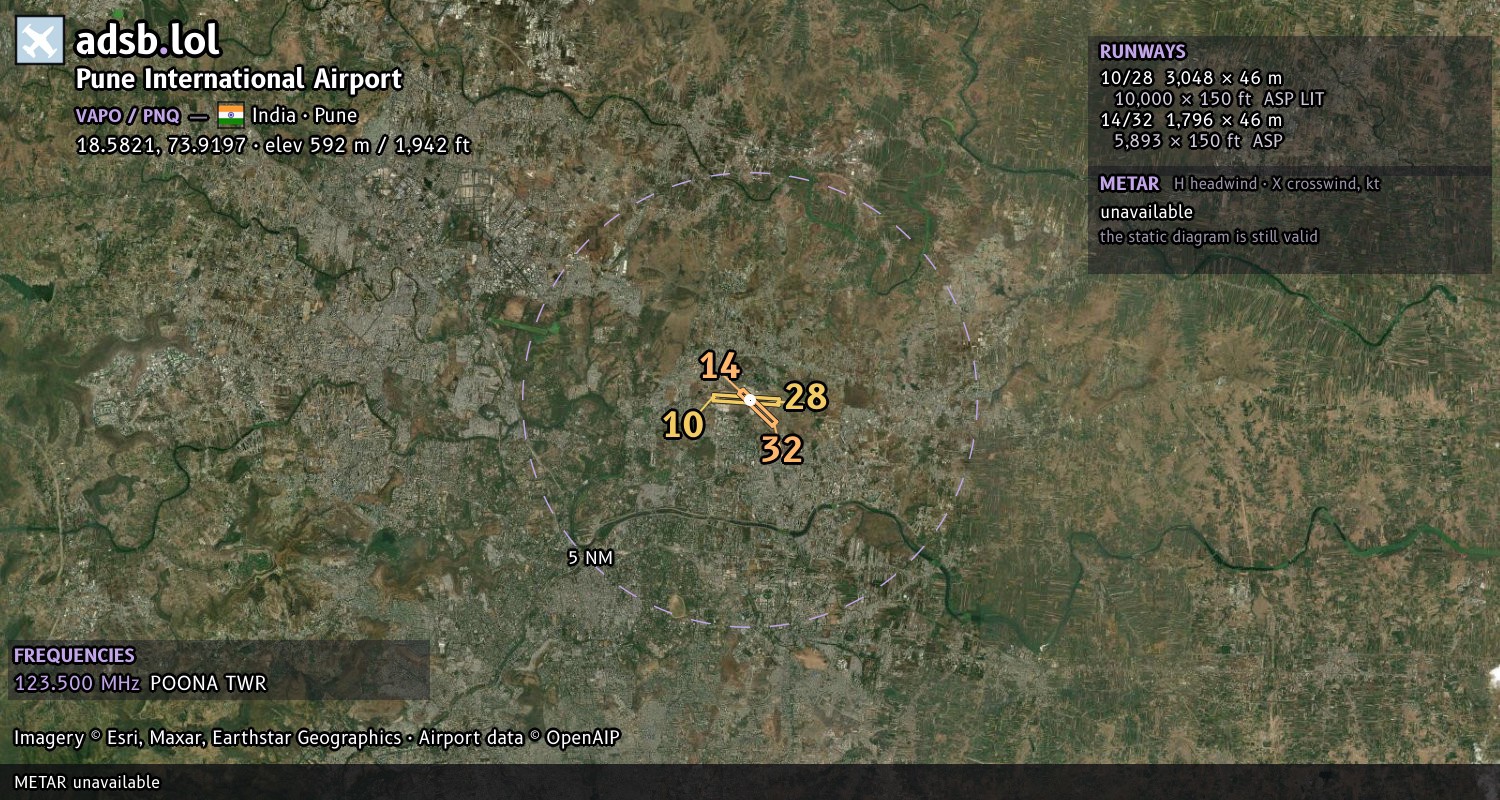 Satellite map with the runway layout of Pune International Airport (VAPO)