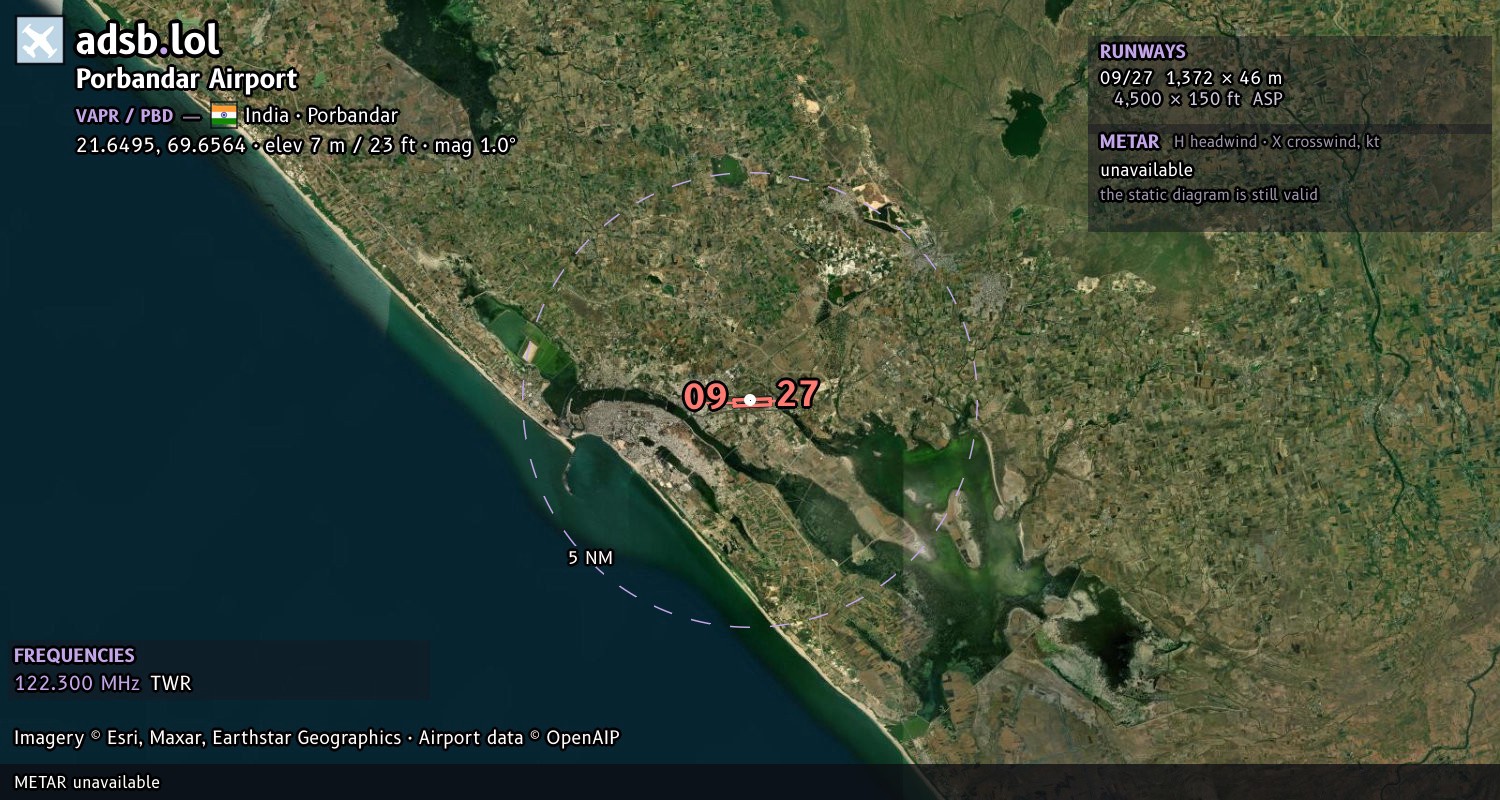 Satellite map with the runway layout of Porbandar Airport (VAPR)