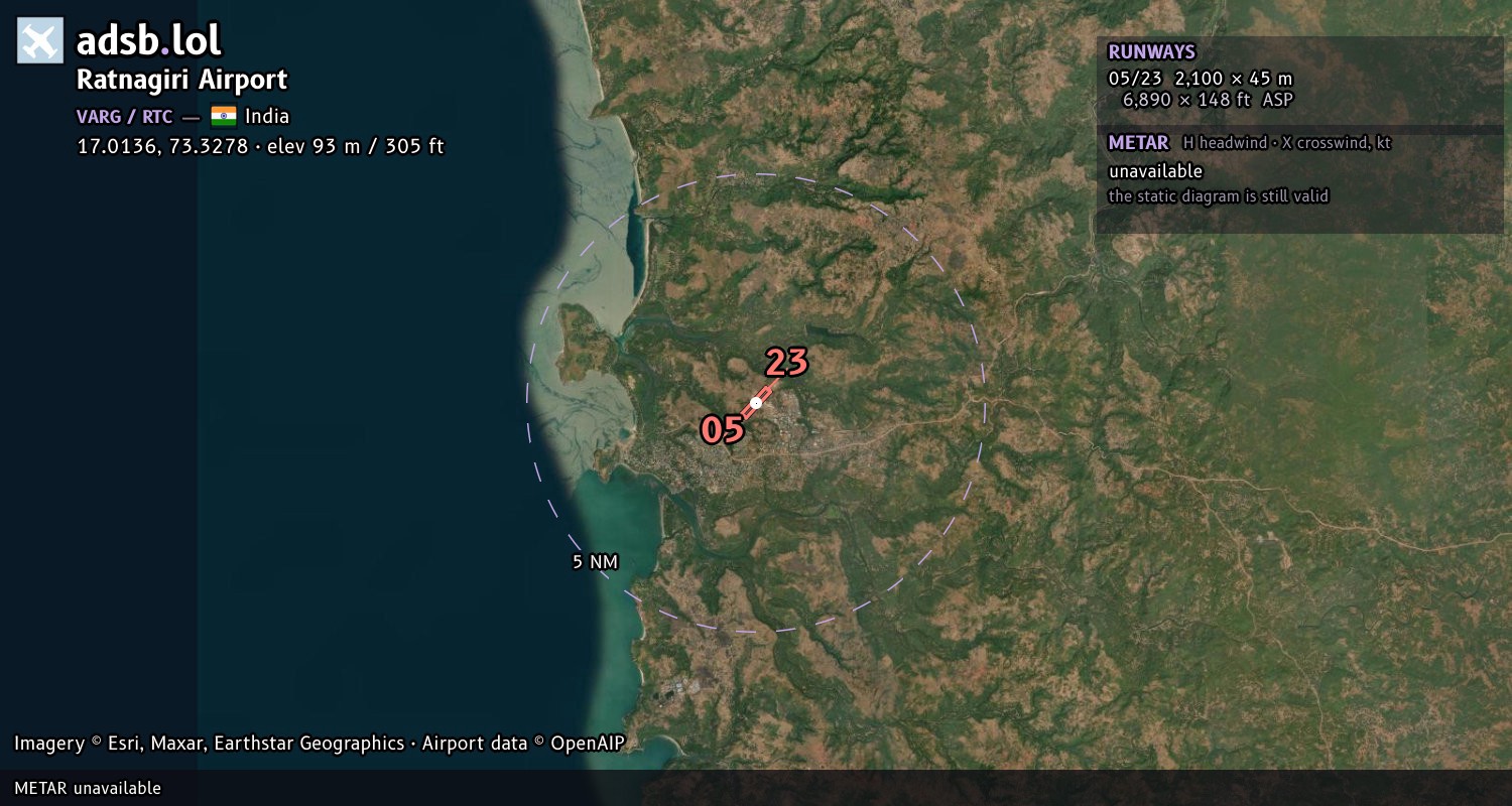 Satellite map with the runway layout of Ratnagiri Airport (VARG)
