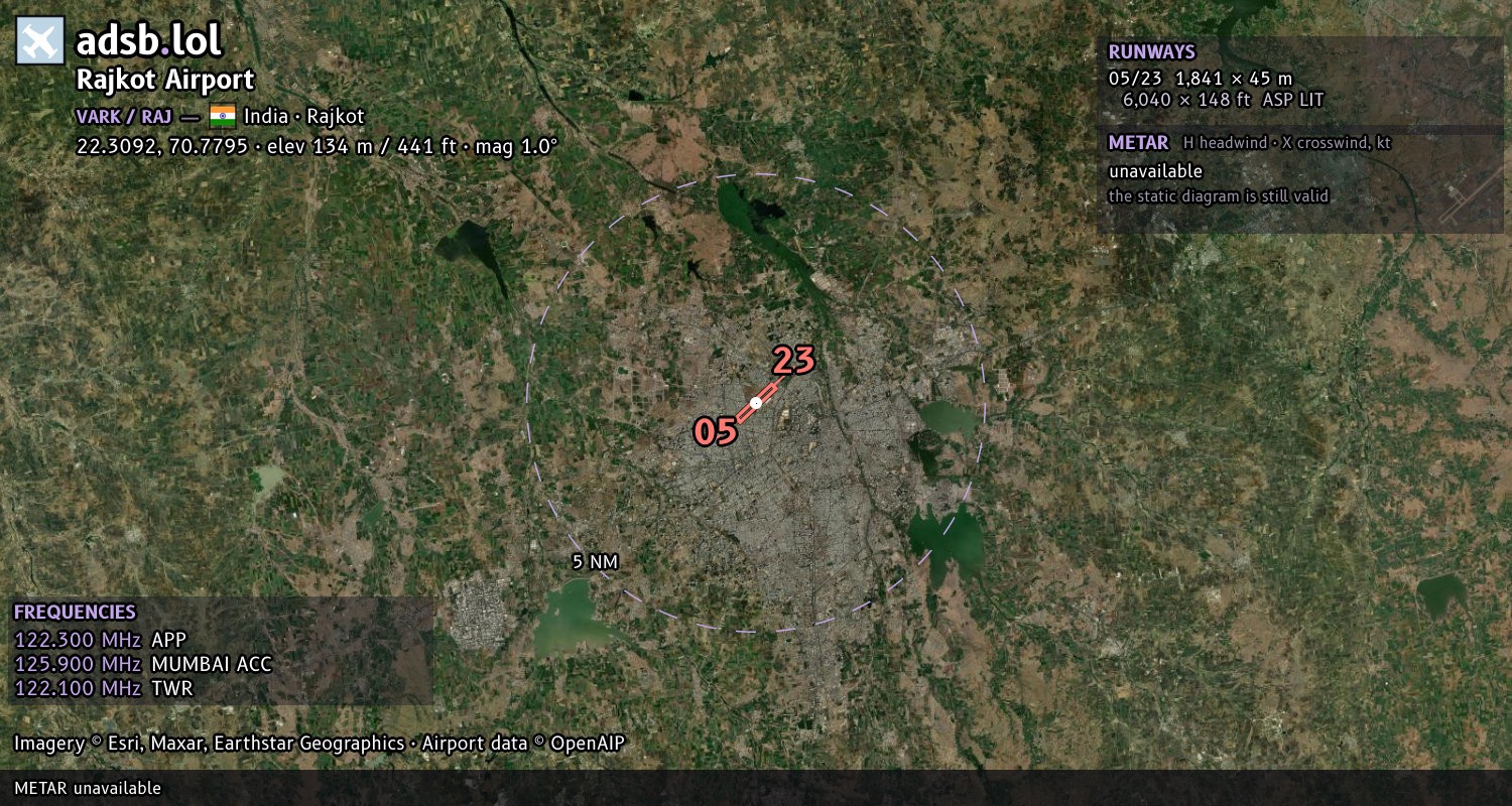 Satellite map with the runway layout of Rajkot Airport (VARK)