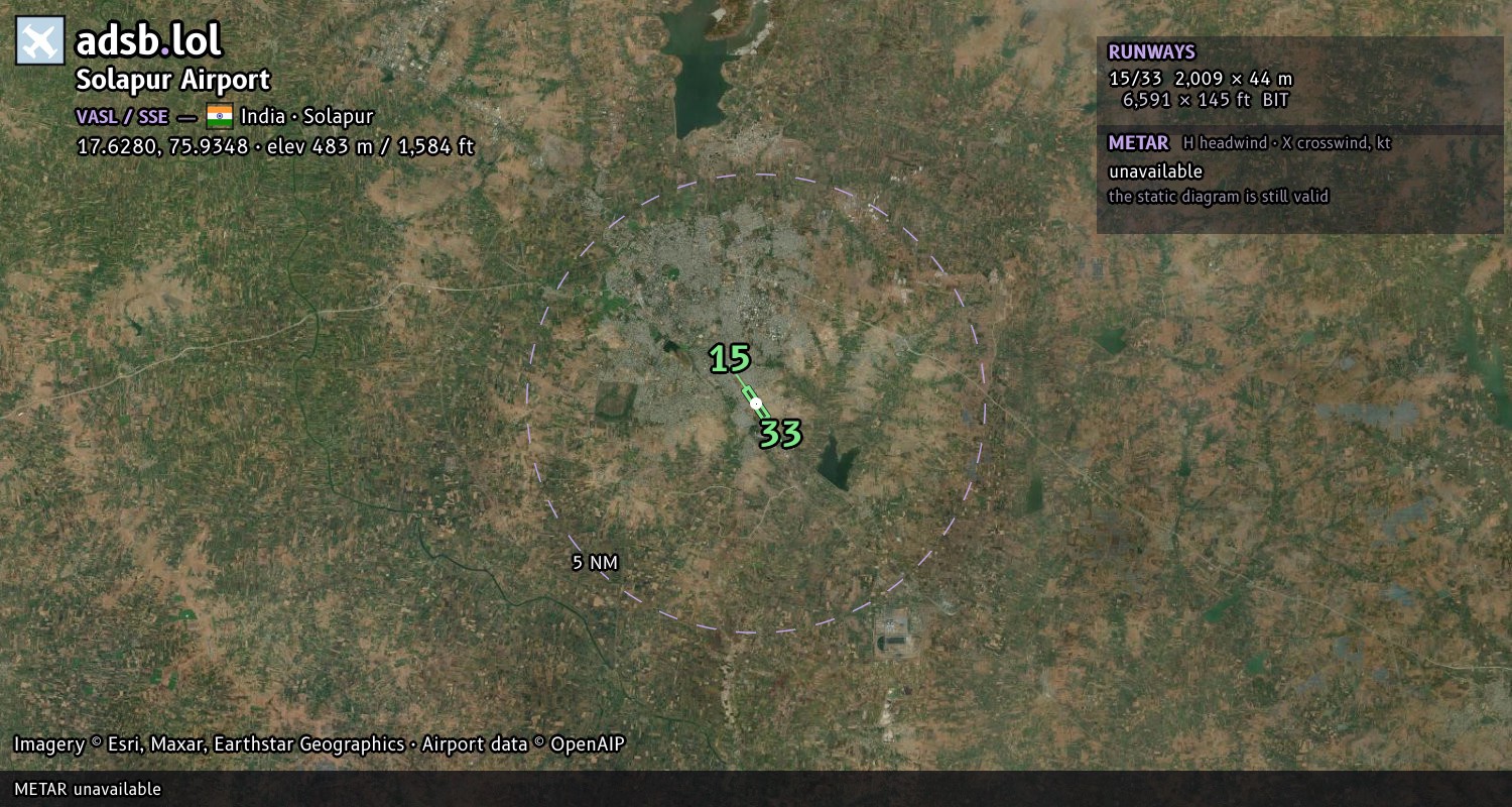Satellite map with the runway layout of Solapur Airport (VASL)