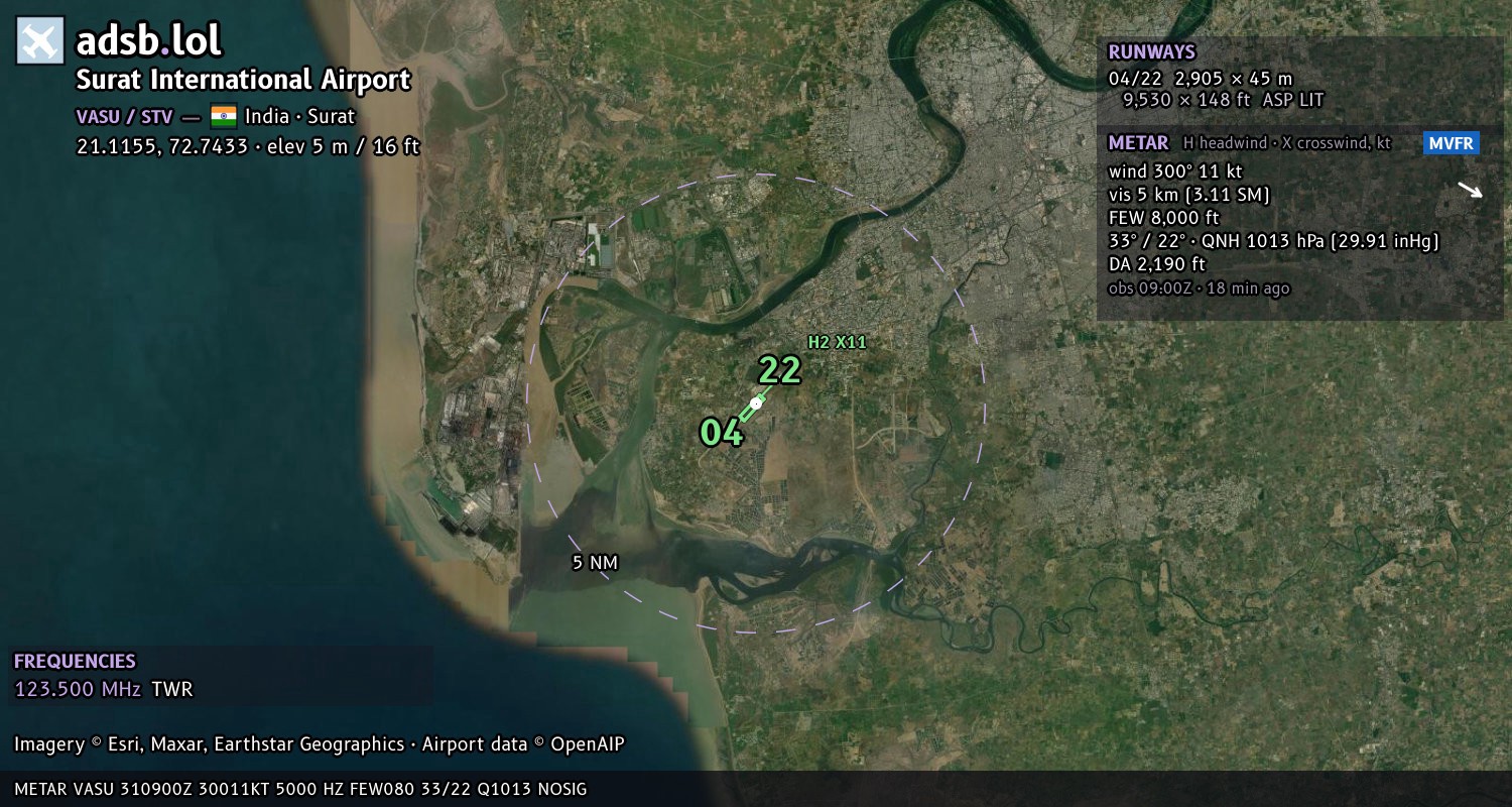 Satellite map with the runway layout of Surat International Airport (VASU)