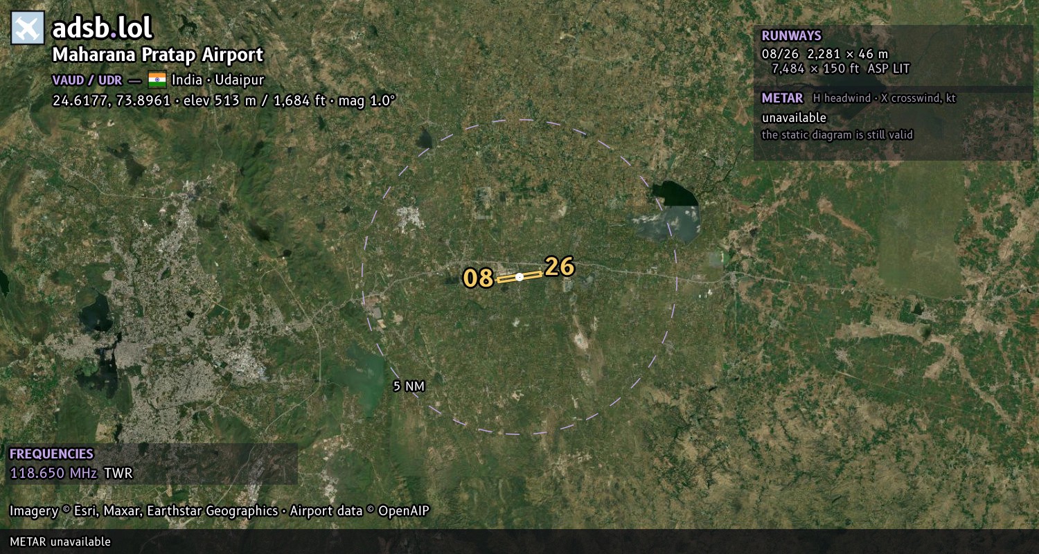 Satellite map with the runway layout of Maharana Pratap Airport (VAUD)
