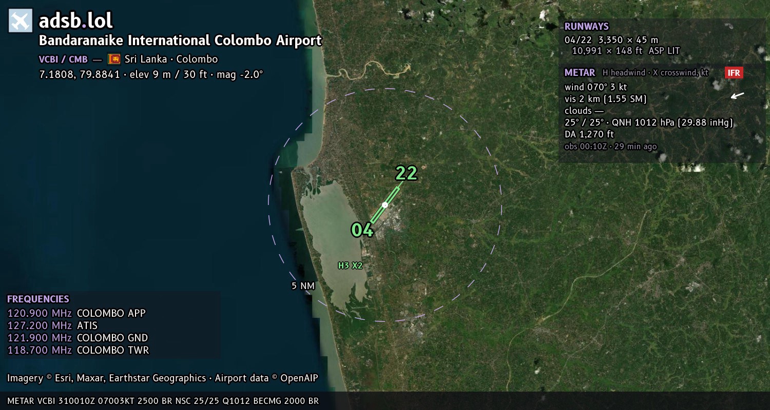 Satellite map with the runway layout of Bandaranaike International Colombo Airport (VCBI)