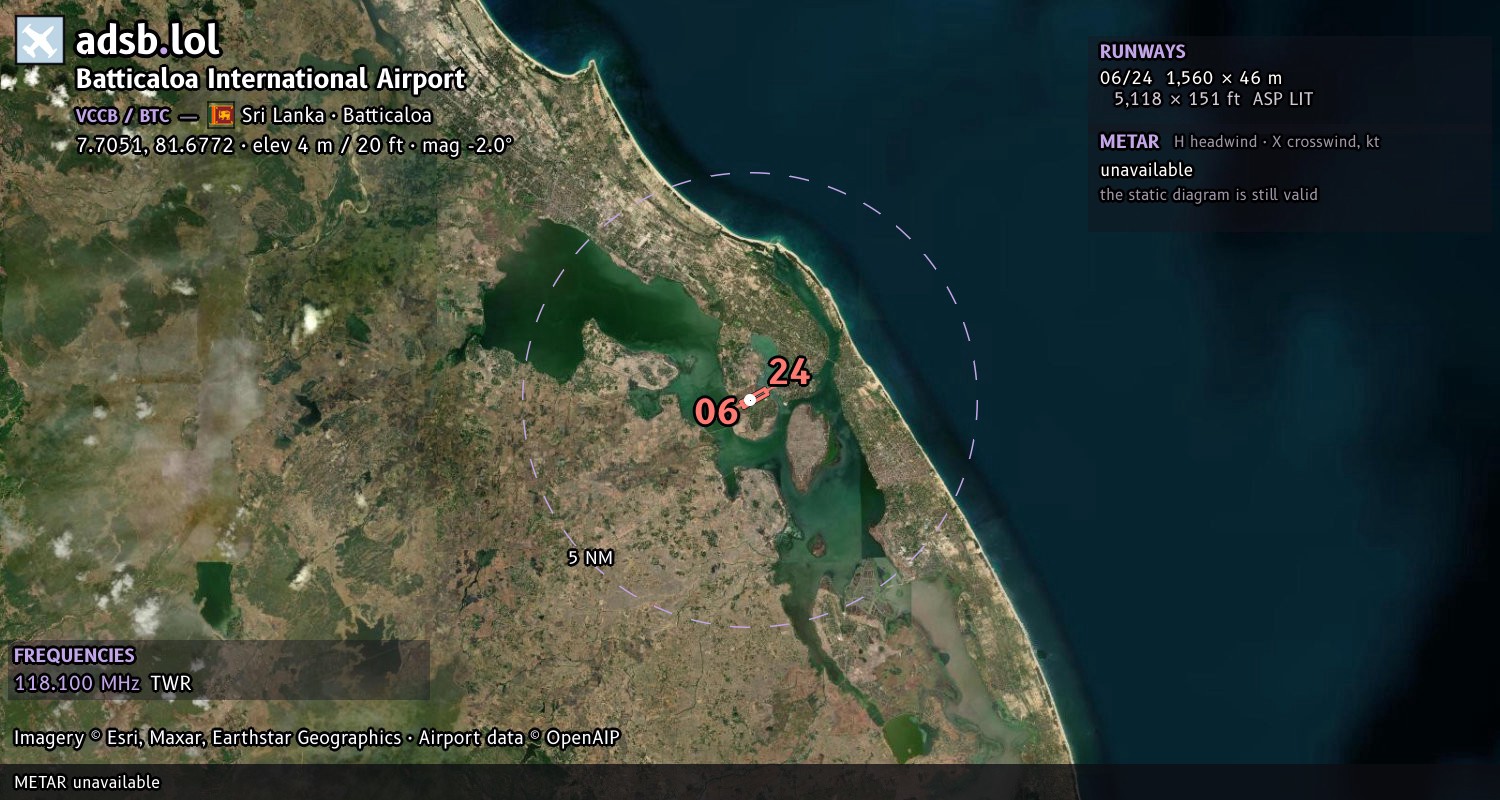 Satellite map with the runway layout of Batticaloa International Airport (VCCB)