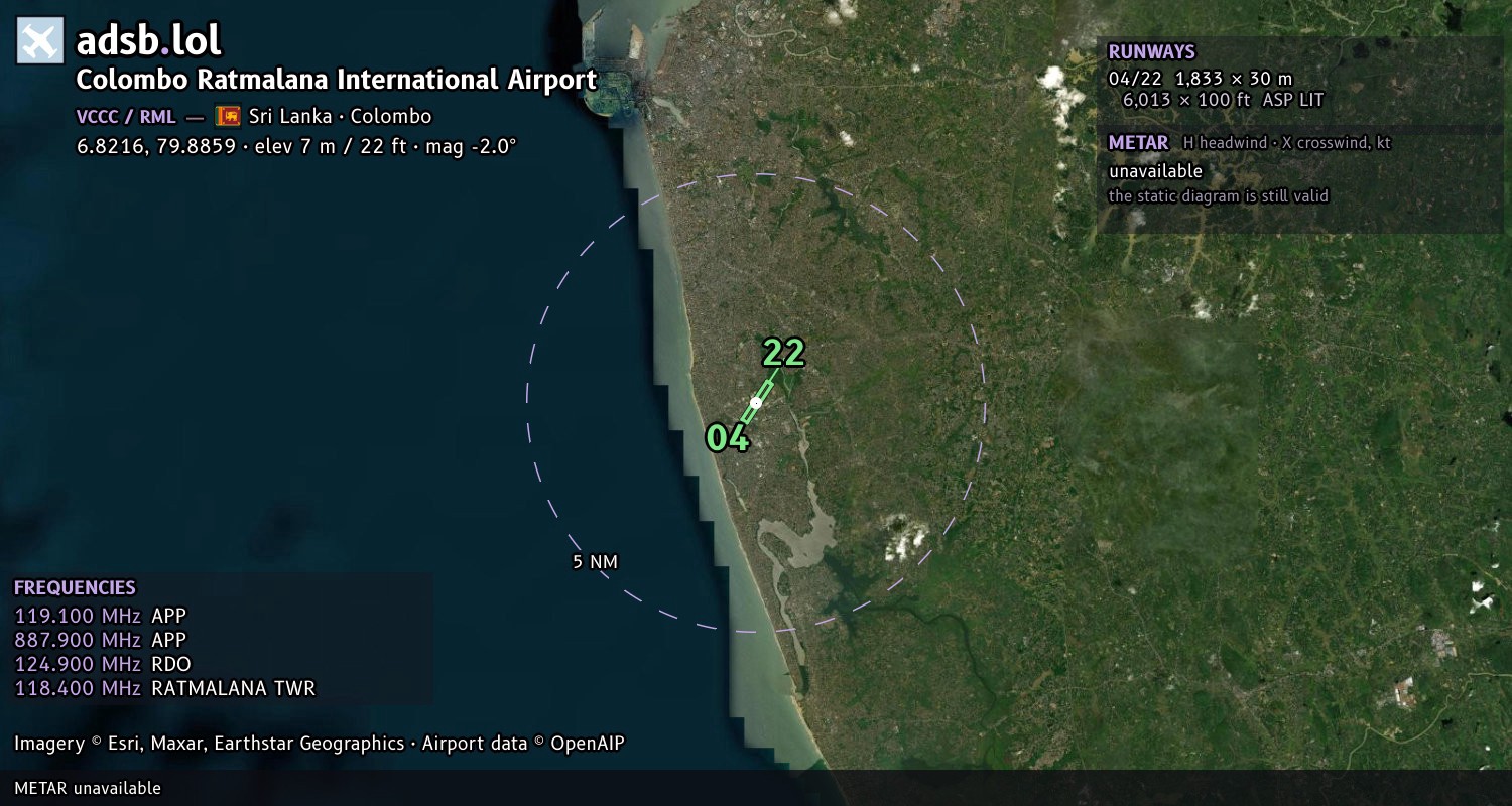Satellite map with the runway layout of Colombo Ratmalana International Airport (VCCC)