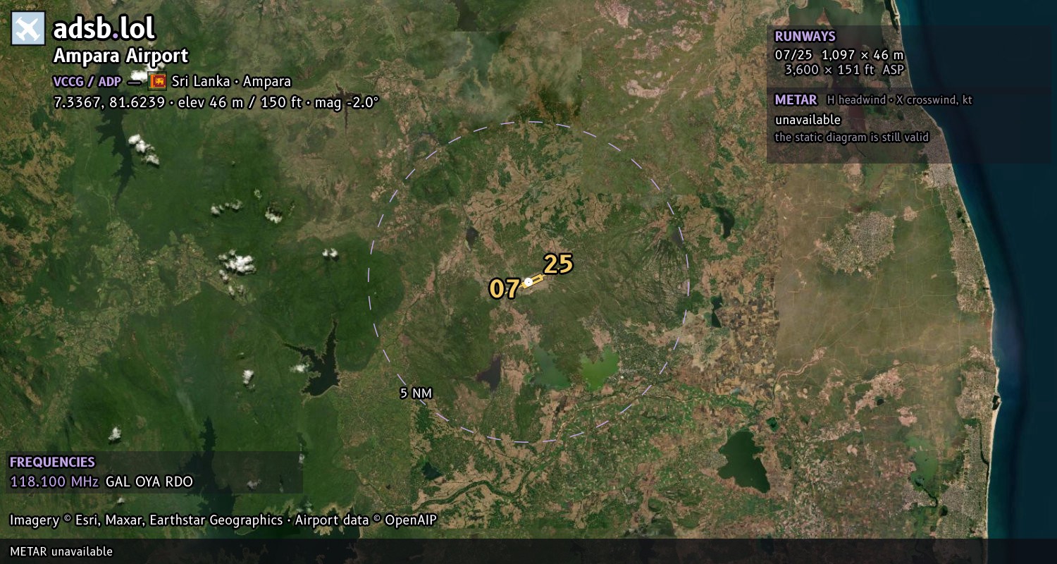 Satellite map with the runway layout of Ampara Airport (VCCG)
