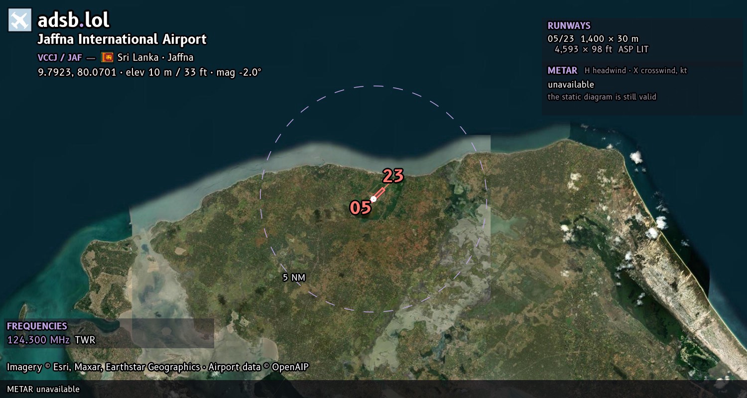 Satellite map with the runway layout of Jaffna International Airport (VCCJ)