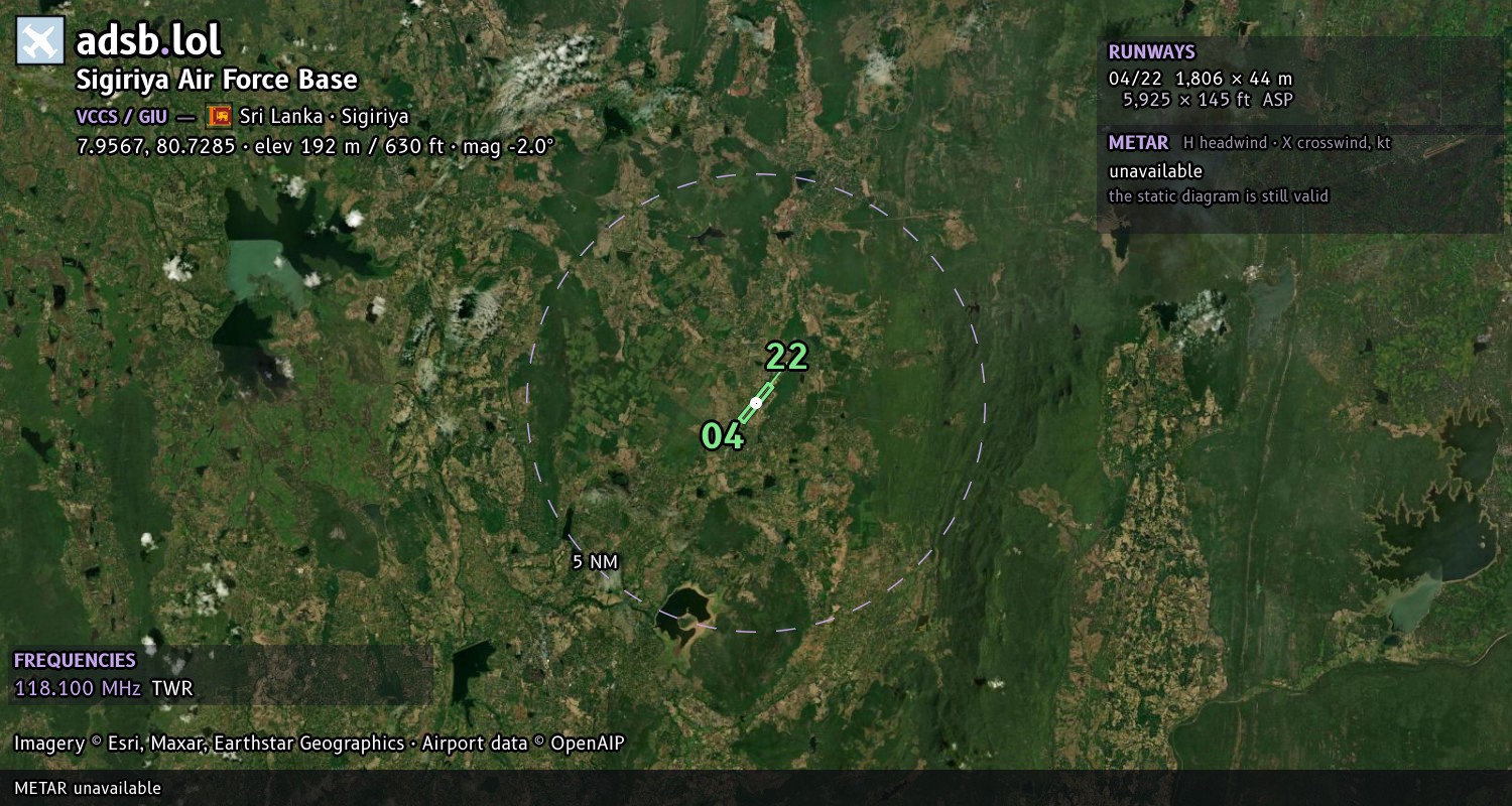 Satellite map with the runway layout of Sigiriya Air Force Base (VCCS)