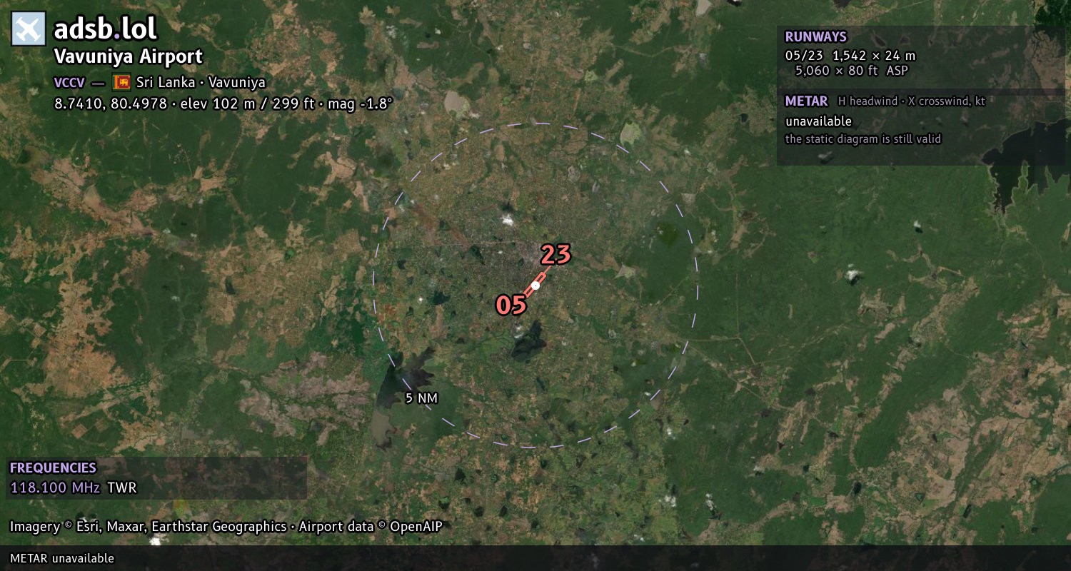 Satellite map with the runway layout of Vavuniya Airport (VCCV)