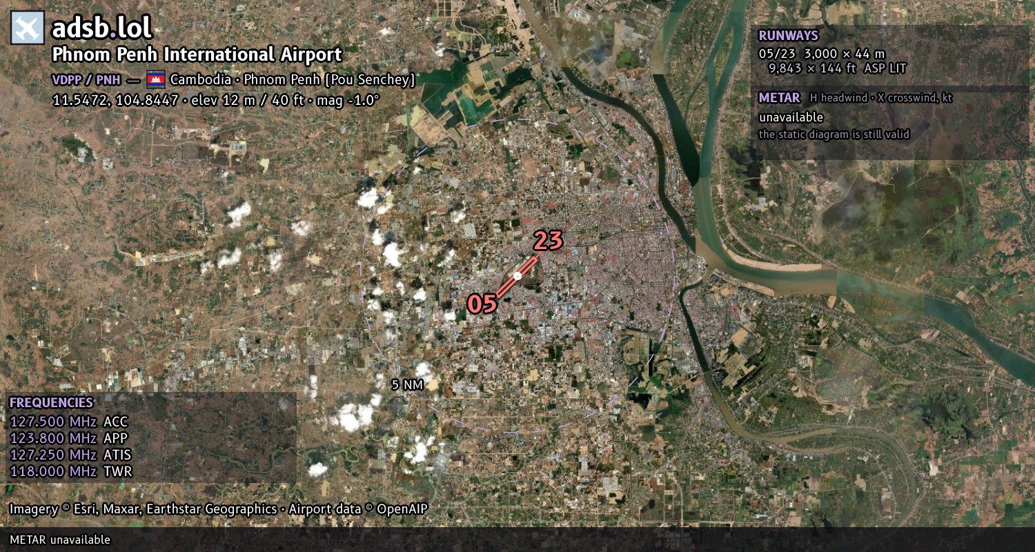 Satellite map with the runway layout of Phnom Penh International Airport (VDPP)