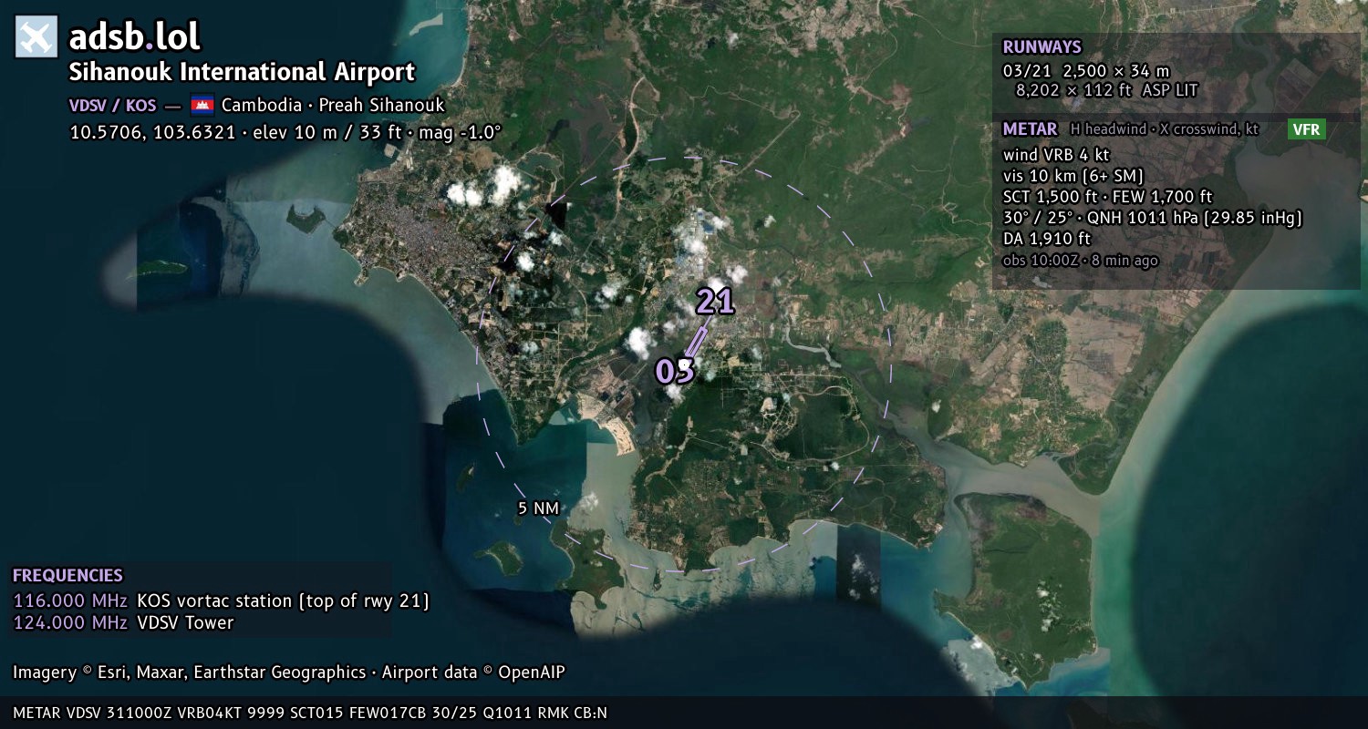 Satellite map with the runway layout of Sihanouk International Airport (VDSV)