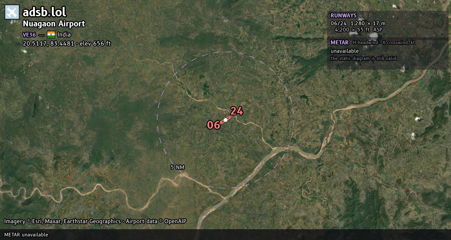 Satellite map with the runway layout of Nuagaon Airport (VE36)