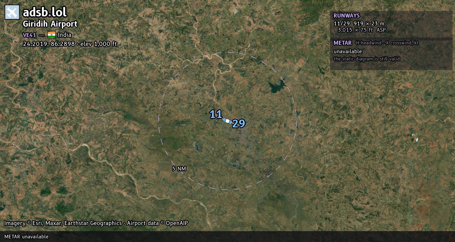 Satellite map with the runway layout of Giridih Airport (VE41)