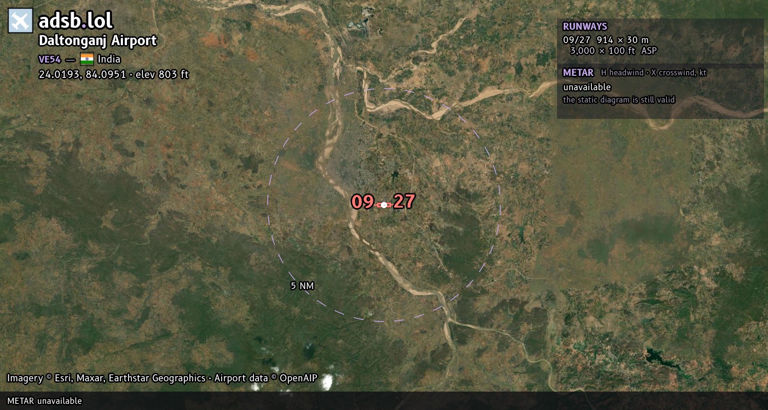 Satellite map with the runway layout of Daltonganj Airport (VE54)