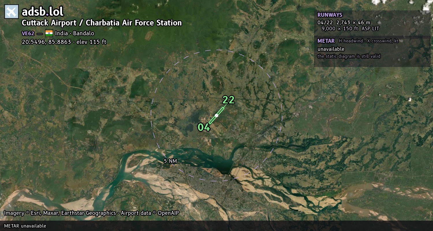 Satellite map with the runway layout of Cuttack Airport / Charbatia Air Force Station (VE62)