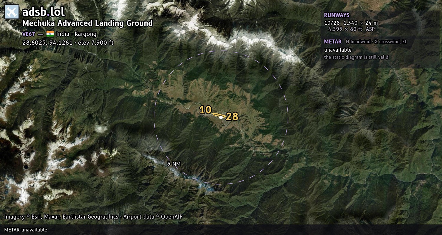 Satellite map with the runway layout of Mechuka Advanced Landing Ground (VE67)