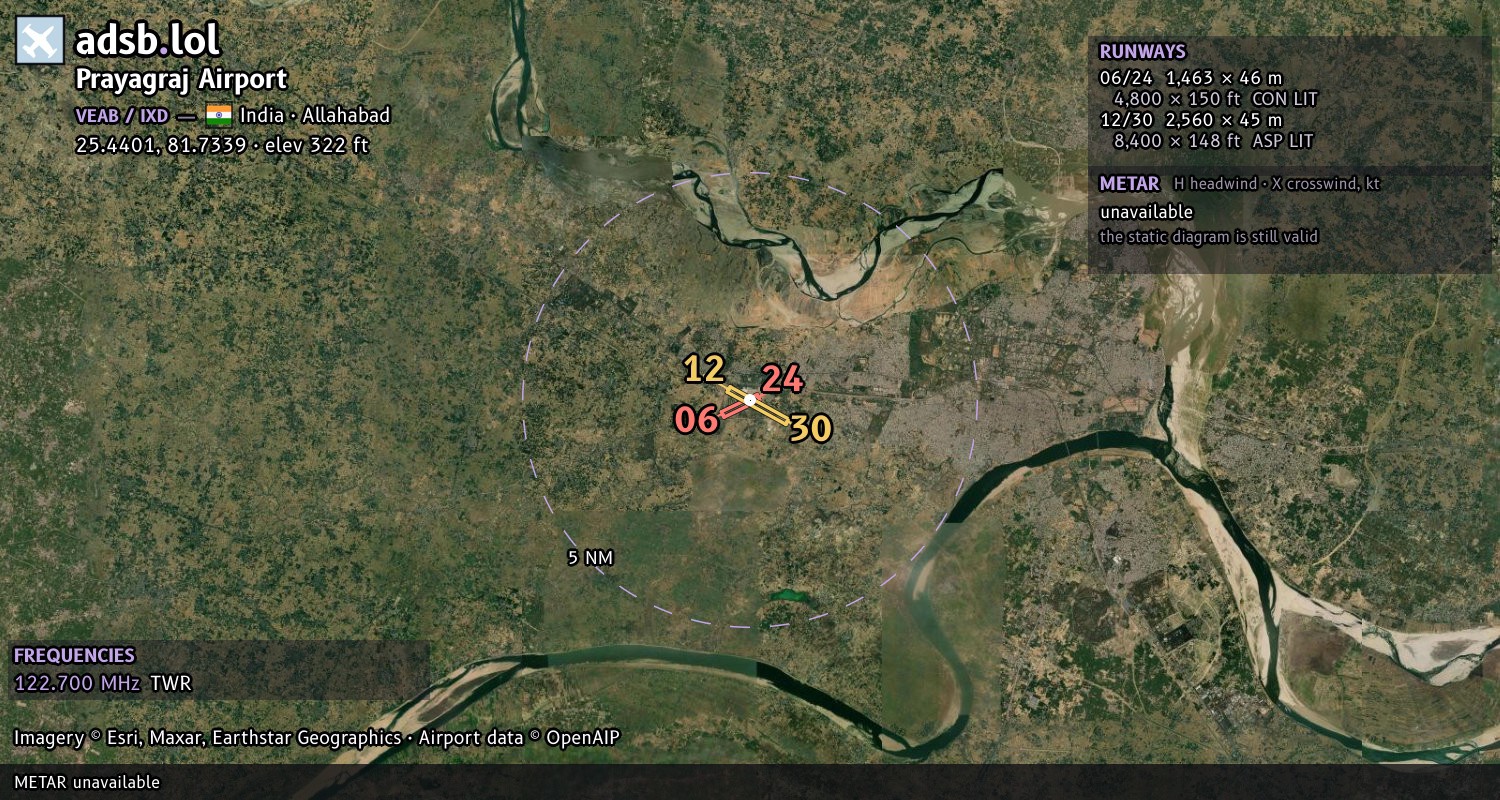 Satellite map with the runway layout of Prayagraj Airport (VEAB)