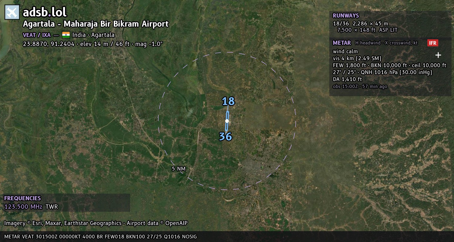 Satellite map with the runway layout of Agartala - Maharaja Bir Bikram Airport (VEAT)