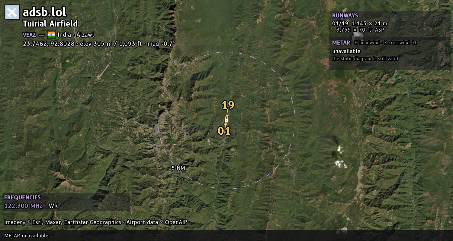 Satellite map with the runway layout of Tuirial Airfield (VEAZ)