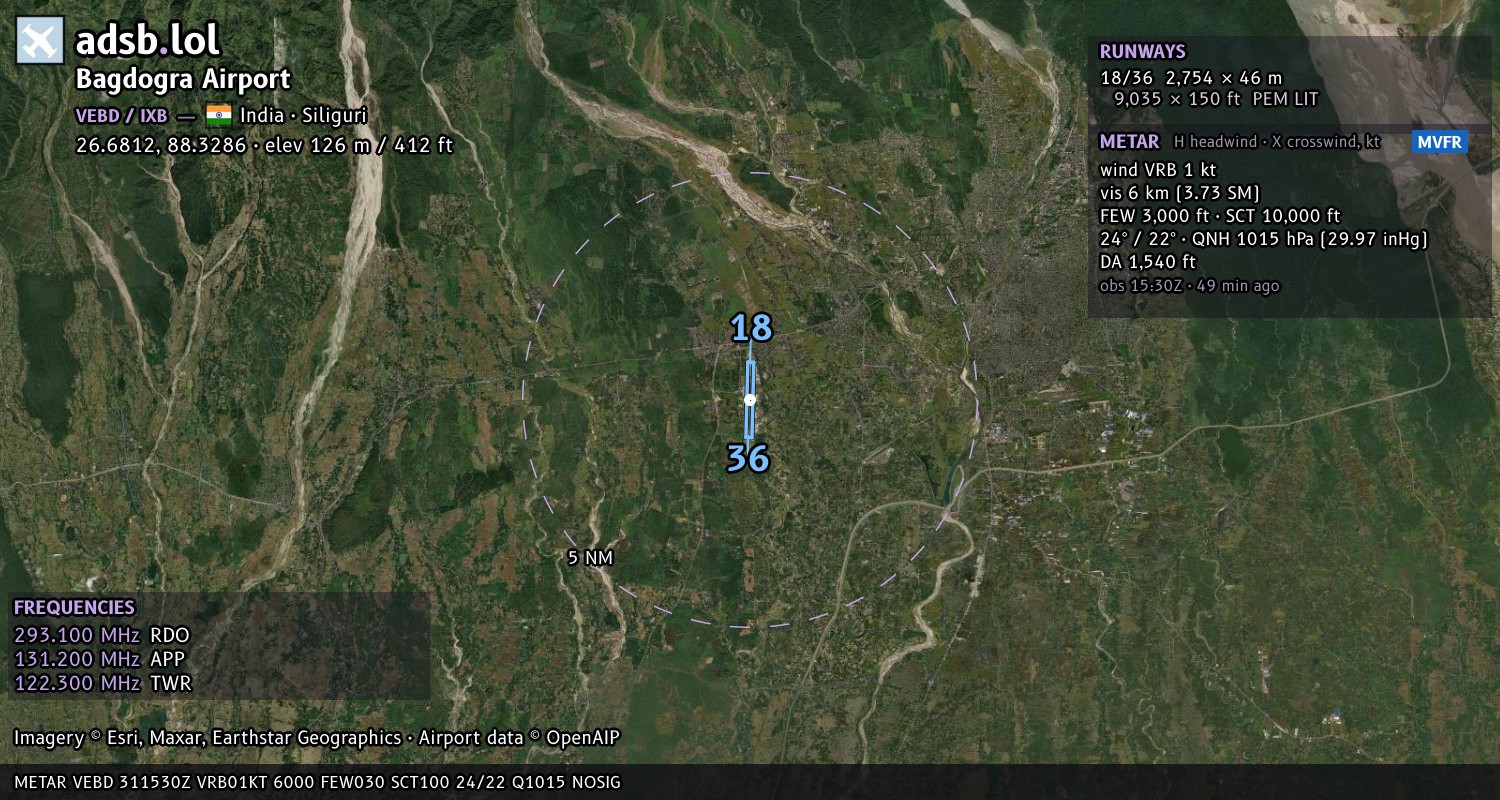 Satellite map with the runway layout of Bagdogra Airport (VEBD)