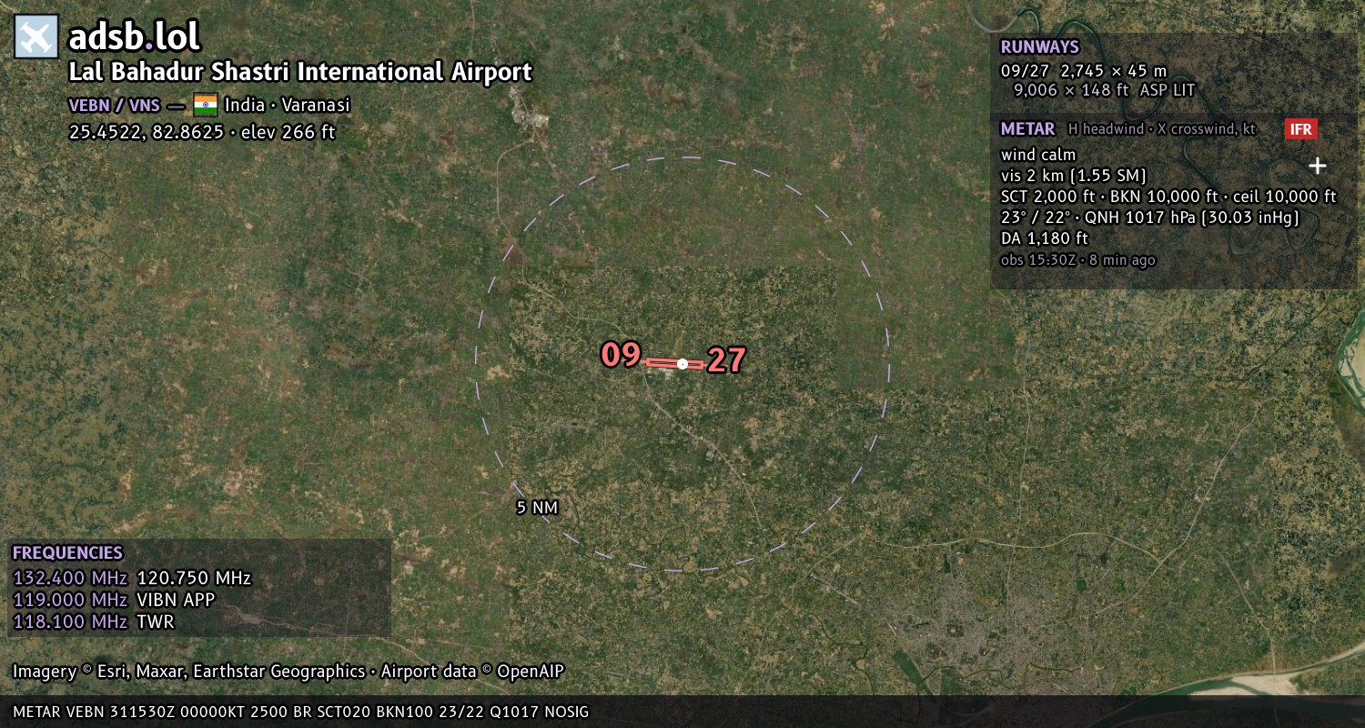 Satellite map with the runway layout of Lal Bahadur Shastri International Airport (VEBN)