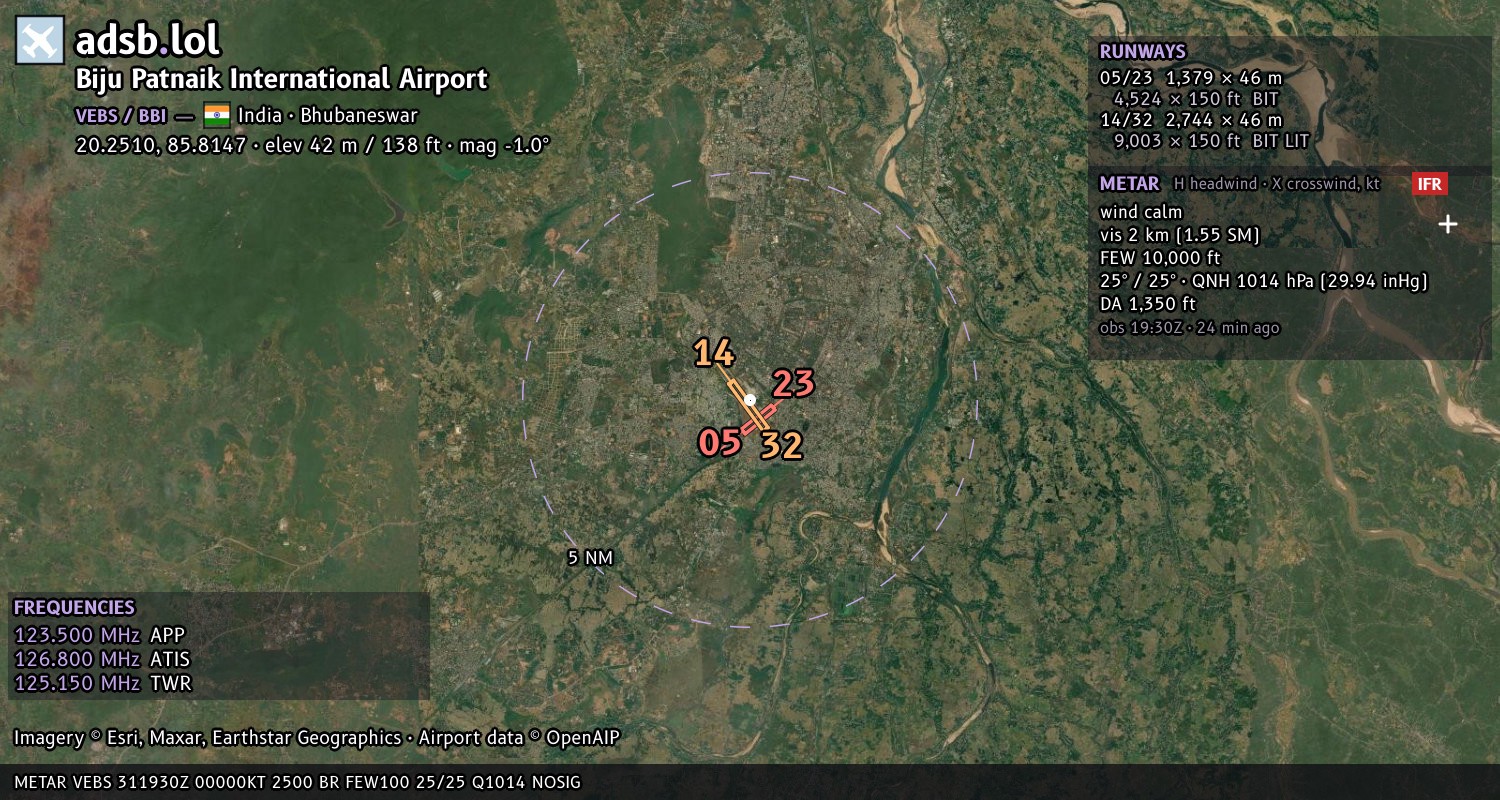 Satellite map with the runway layout of Biju Patnaik International Airport (VEBS)