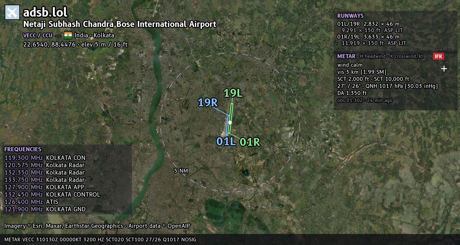 Satellite map with the runway layout of Netaji Subhash Chandra Bose International Airport (VECC)