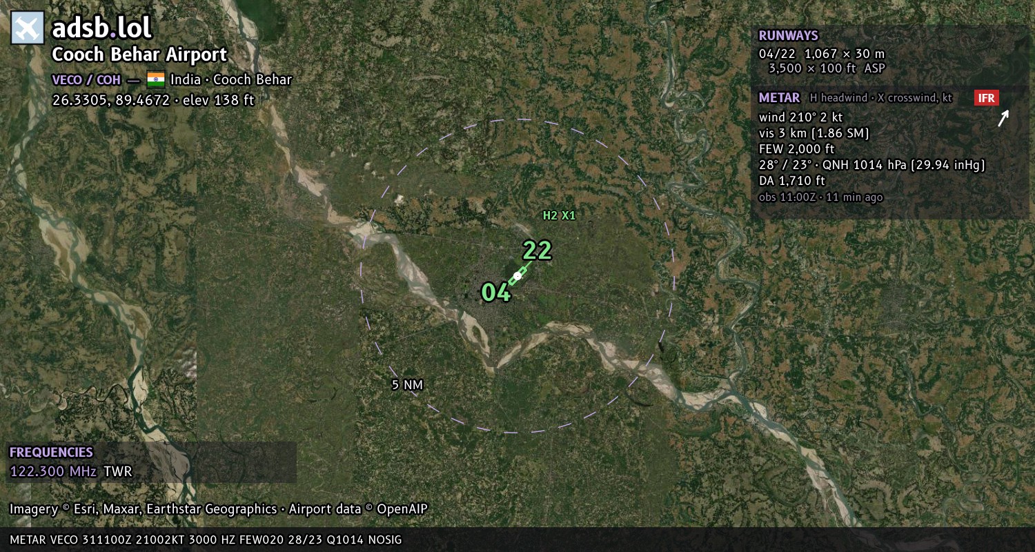 Satellite map with the runway layout of Cooch Behar Airport (VECO)