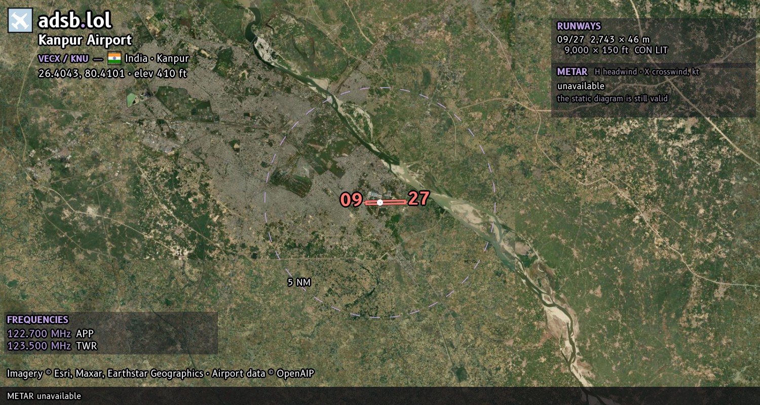 Satellite map with the runway layout of Kanpur Airport (VECX)
