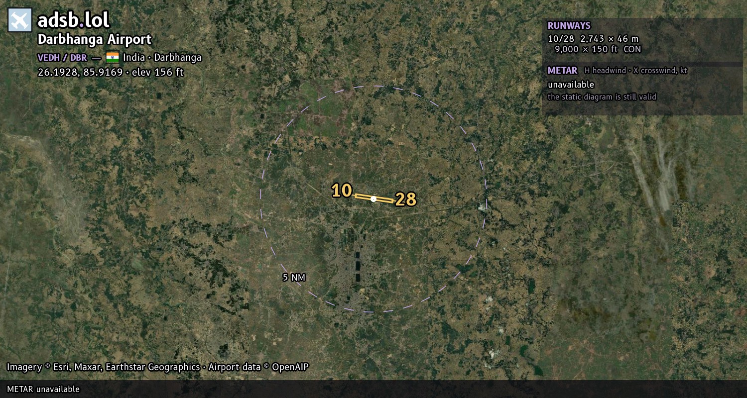 Satellite map with the runway layout of Darbhanga Airport (VEDH)