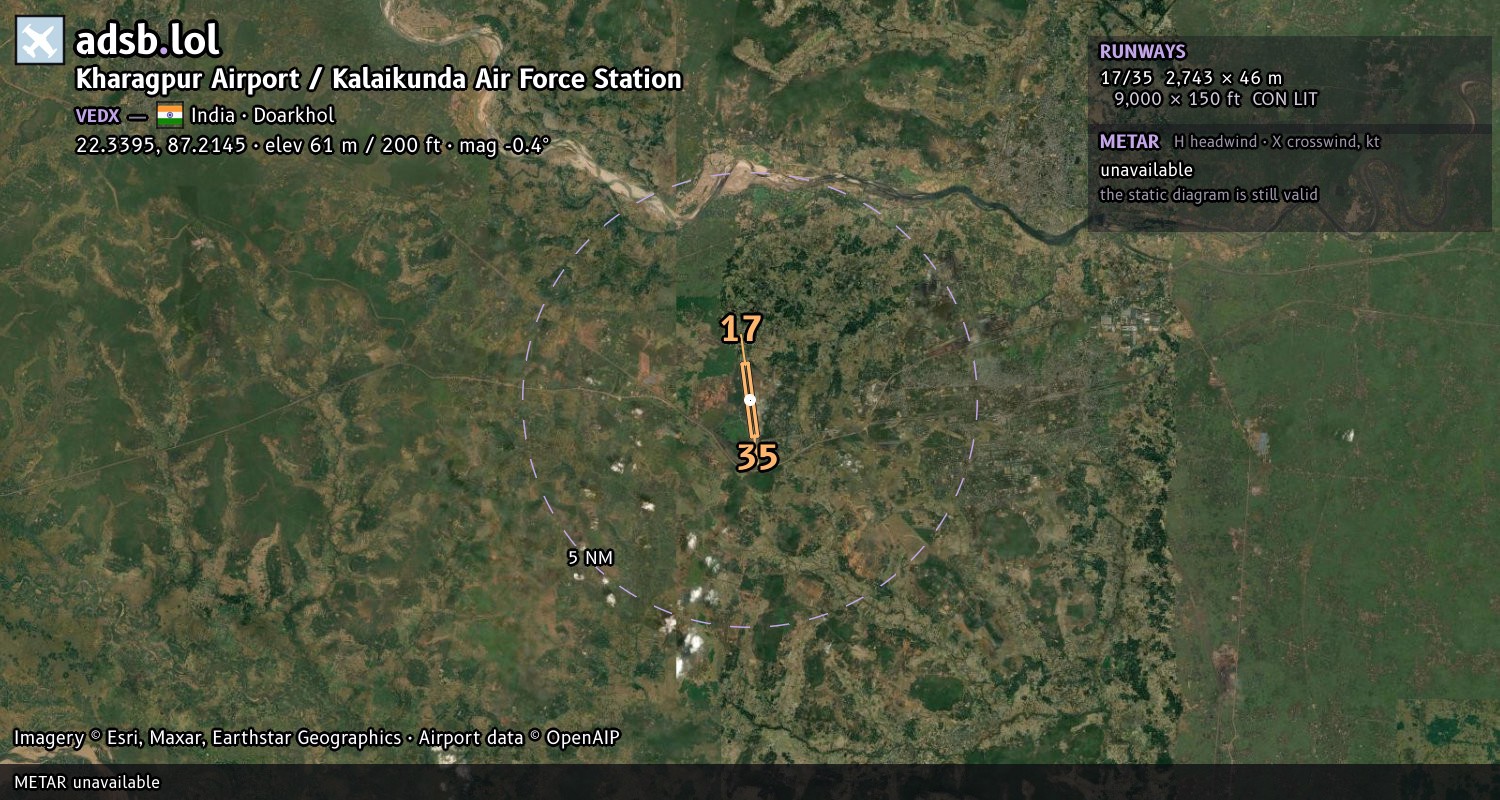 Satellite map with the runway layout of Kharagpur Airport / Kalaikunda Air Force Station (VEDX)