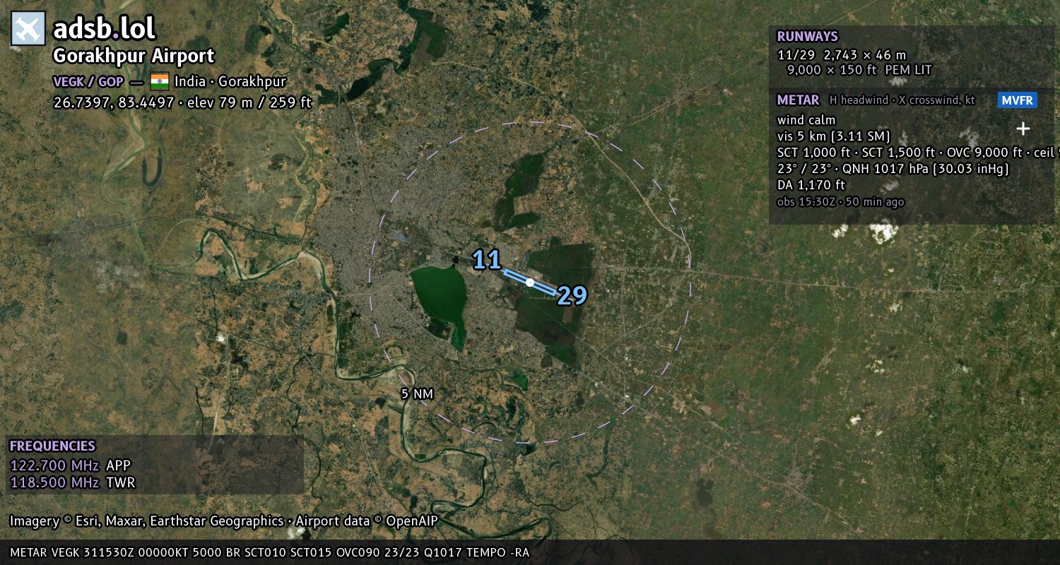 Satellite map with the runway layout of Gorakhpur Airport (VEGK)