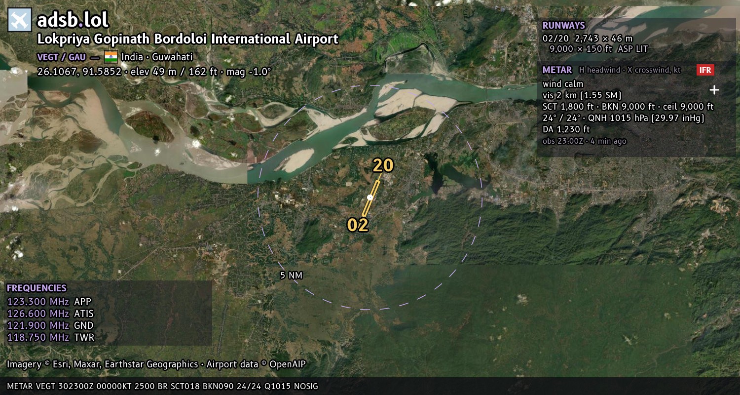 Satellite map with the runway layout of Lokpriya Gopinath Bordoloi International Airport (VEGT)