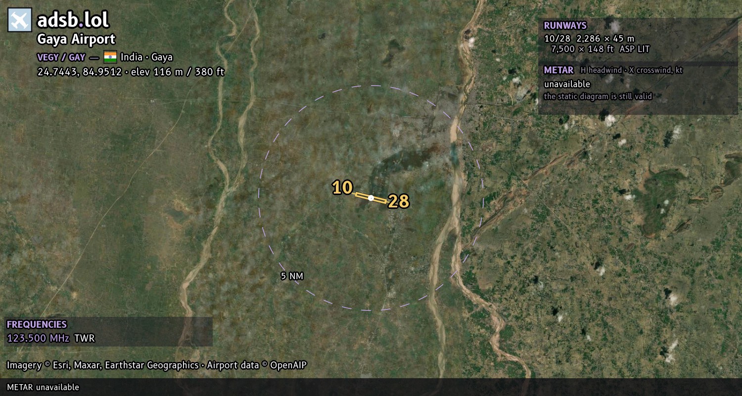 Satellite map with the runway layout of Gaya Airport (VEGY)