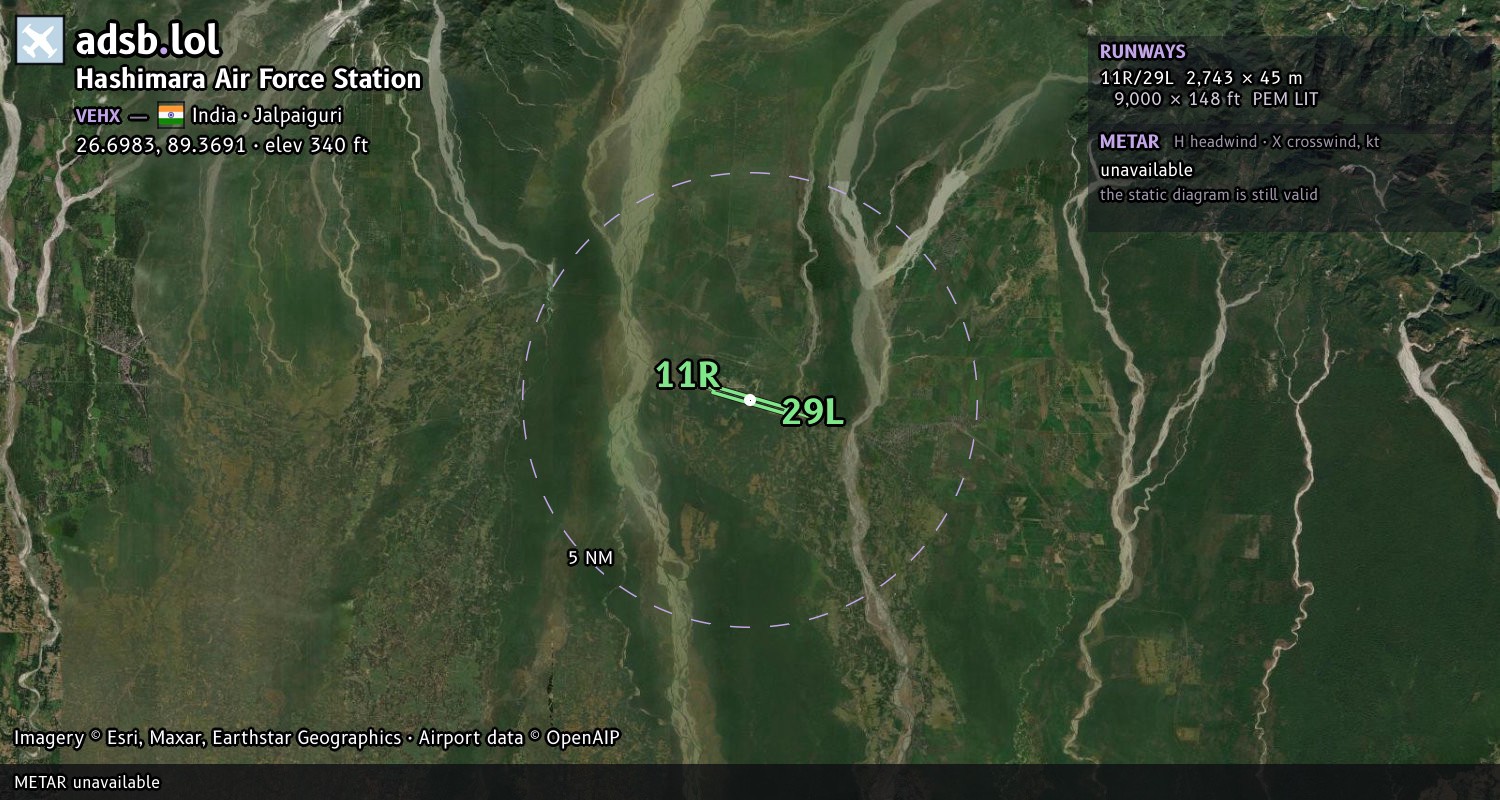Satellite map with the runway layout of Hashimara Air Force Station (VEHX)