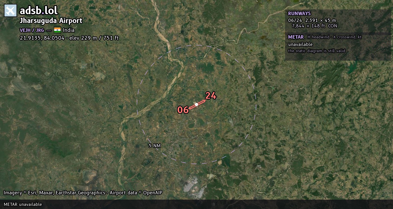 Satellite map with the runway layout of Jharsuguda Airport (VEJH)