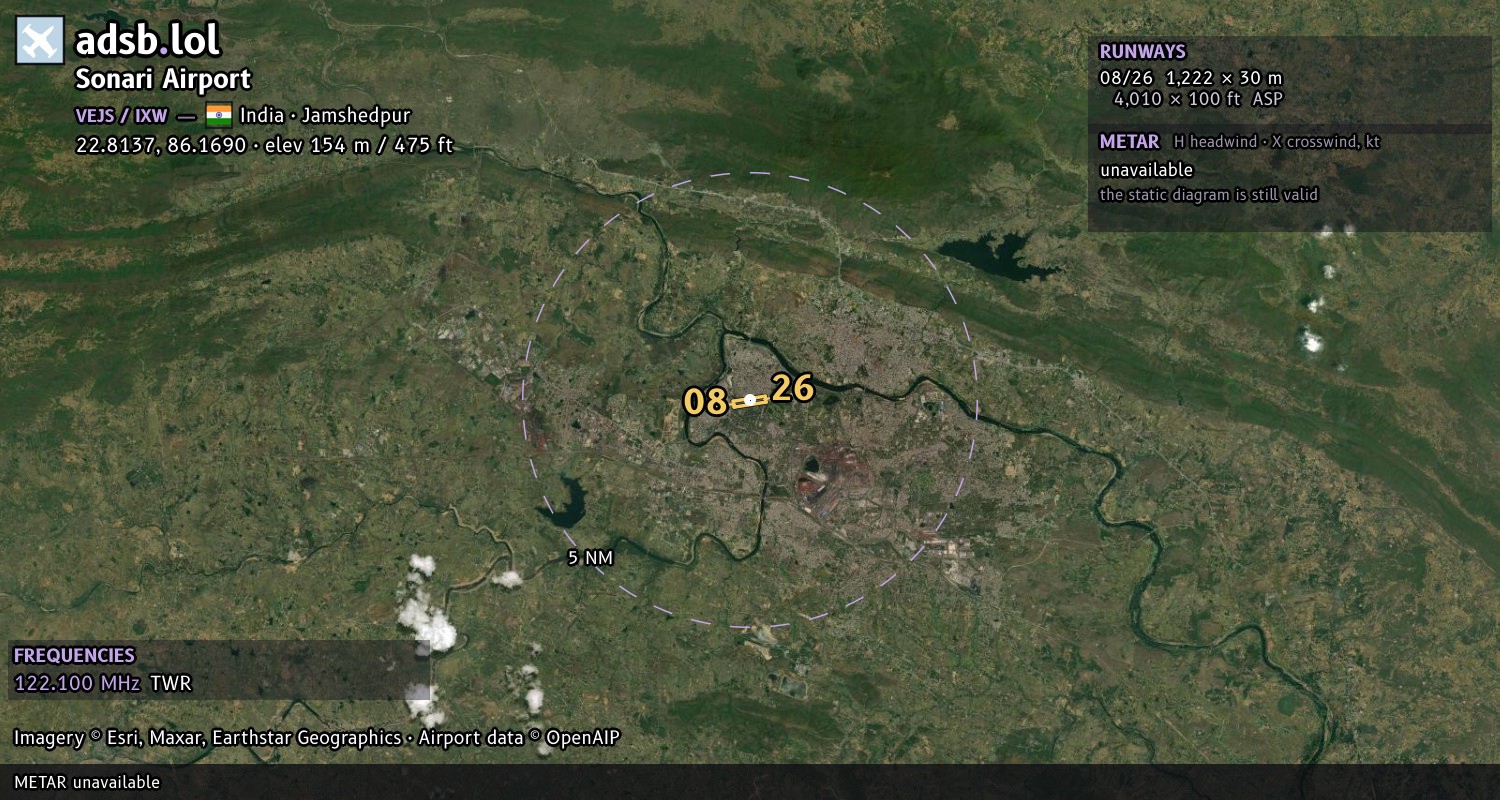Satellite map with the runway layout of Sonari Airport (VEJS)
