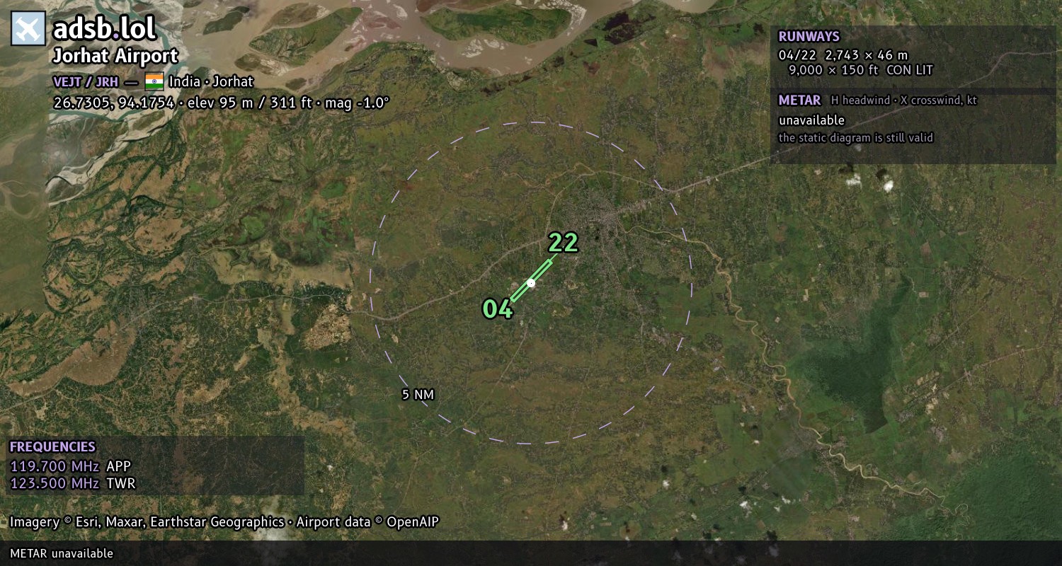 Satellite map with the runway layout of Jorhat Airport (VEJT)