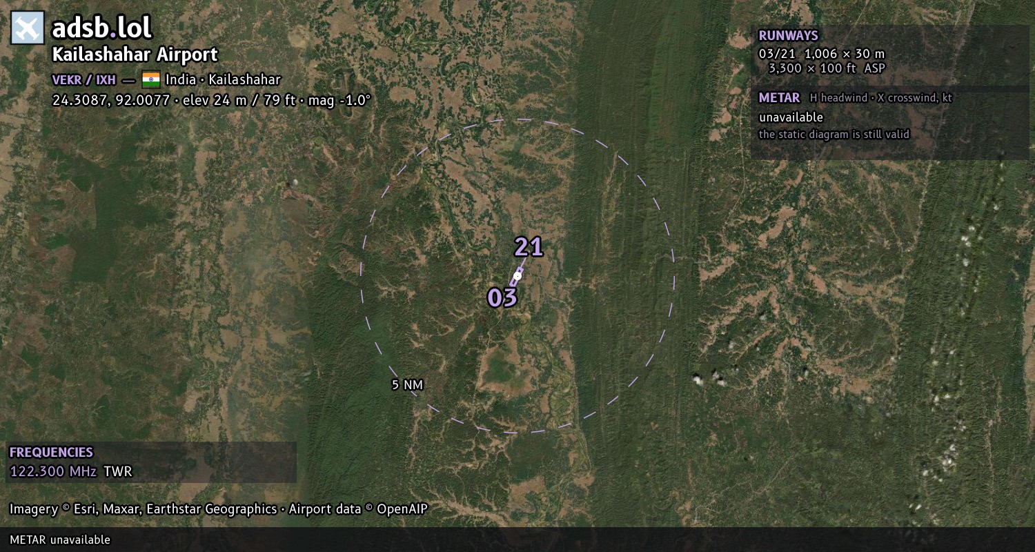 Satellite map with the runway layout of Kailashahar Airport (VEKR)