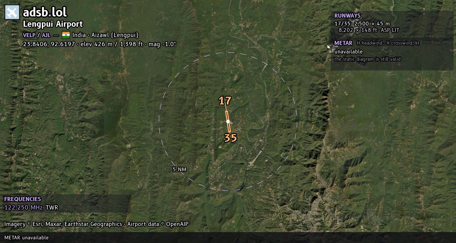 Satellite map with the runway layout of Lengpui Airport (VELP)