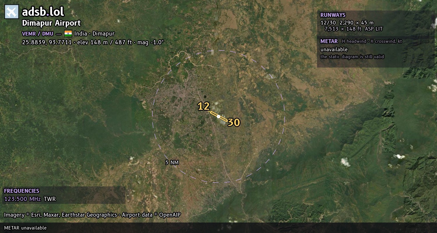 Satellite map with the runway layout of Dimapur Airport (VEMR)