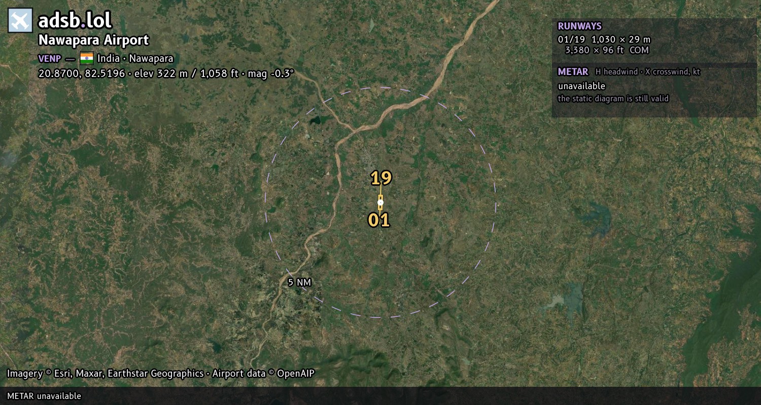 Satellite map with the runway layout of Nawapara Airport (VENP)