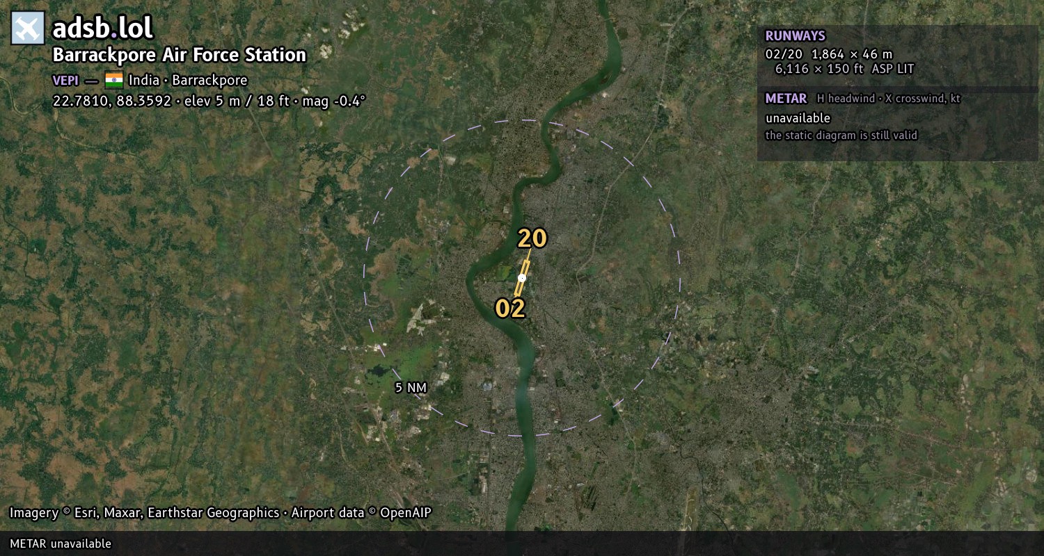 Satellite map with the runway layout of Barrackpore Air Force Station (VEPI)