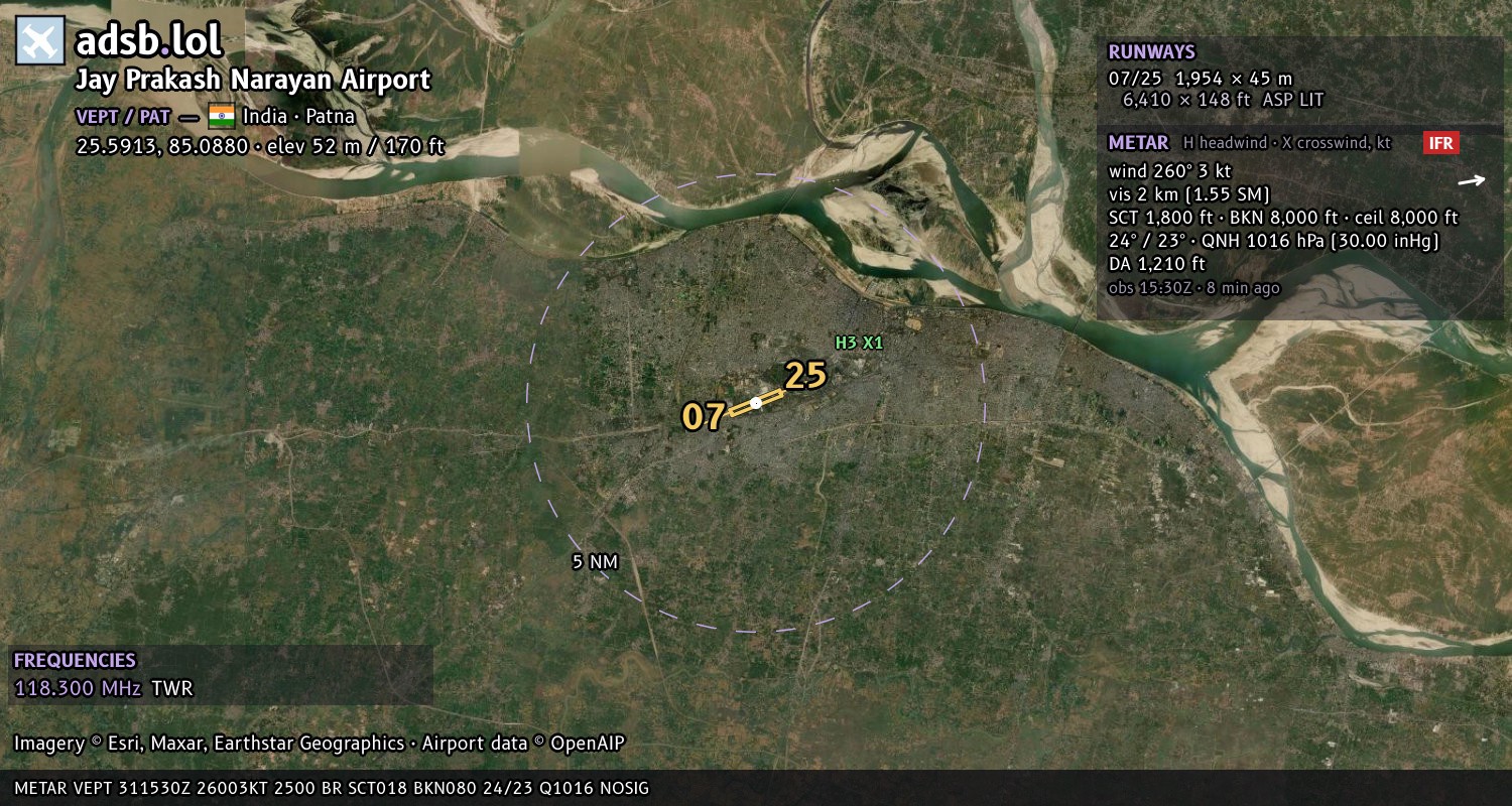 Satellite map with the runway layout of Jay Prakash Narayan Airport (VEPT)