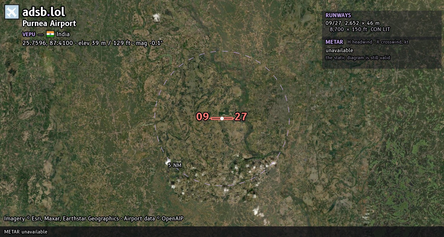 Satellite map with the runway layout of Purnea Airport (VEPU)