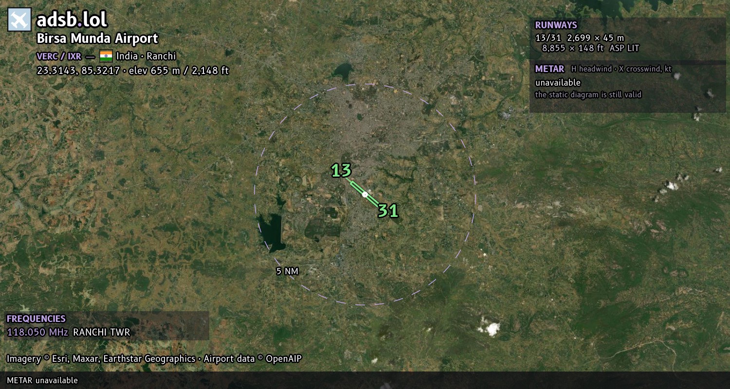 Satellite map with the runway layout of Birsa Munda Airport (VERC)